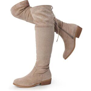 Hawkwell Women's Khaki Low Flat Heel Thigh High Over The Knee Fashion Boots
